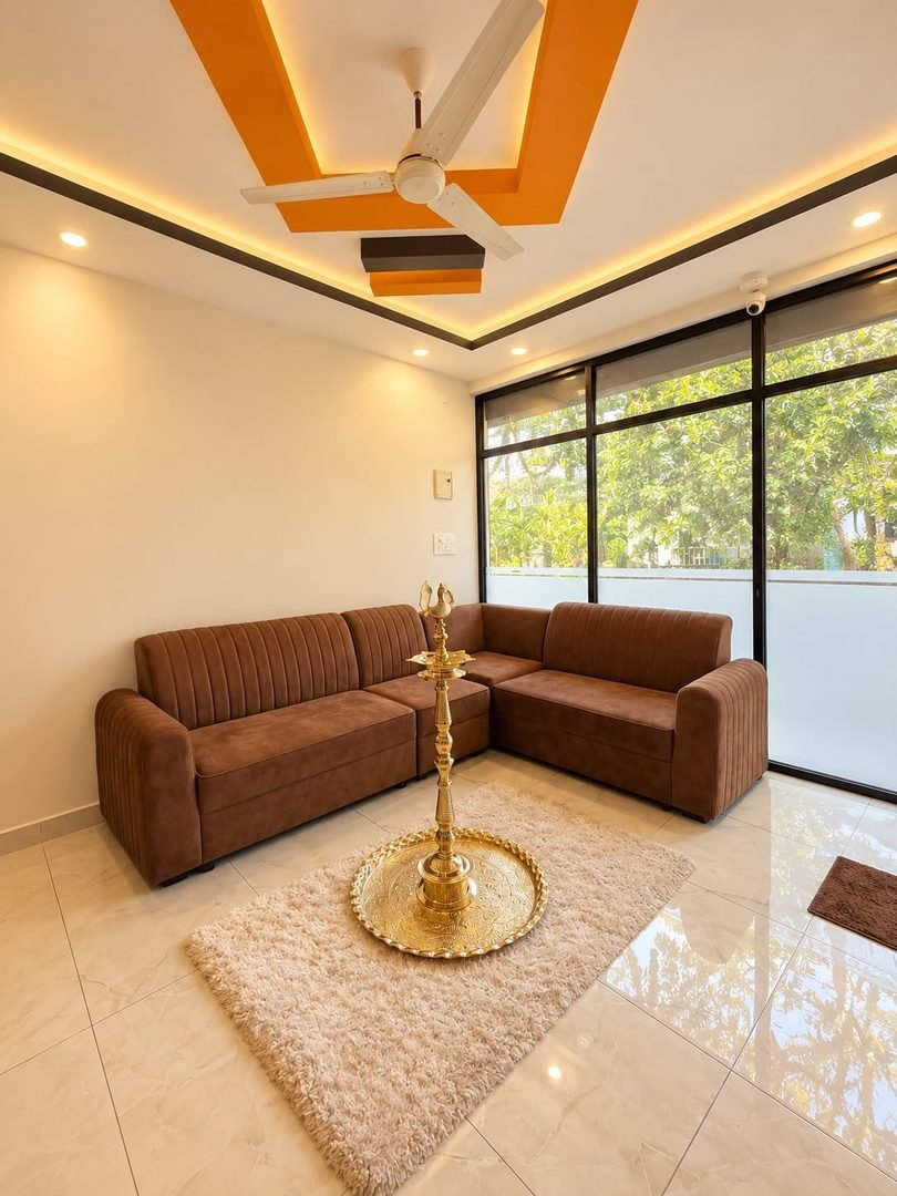Guest Lounge with Plush Sofa and Traditional Brass Lamp